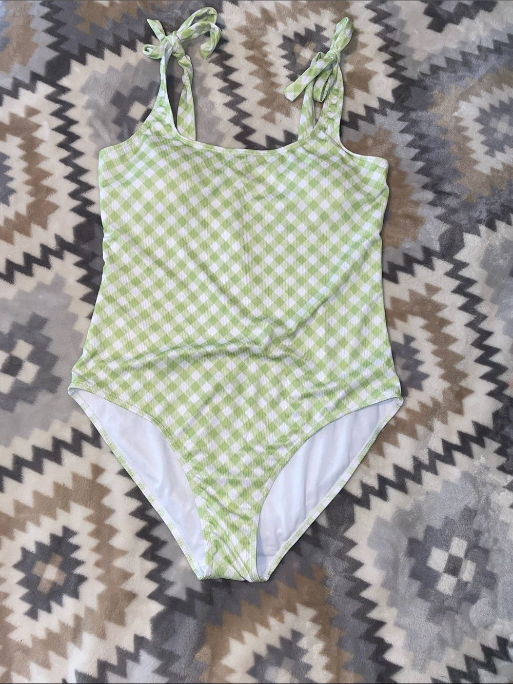 Women's Light Green Gingham One-Piece Swimsuit with Tie Straps
